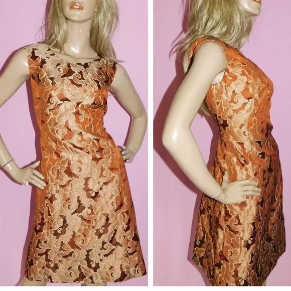Vintage 50s 60s Gold Floral Dress – Elegant Brocade Shift Cocktail Dress - Picture 2 of 7